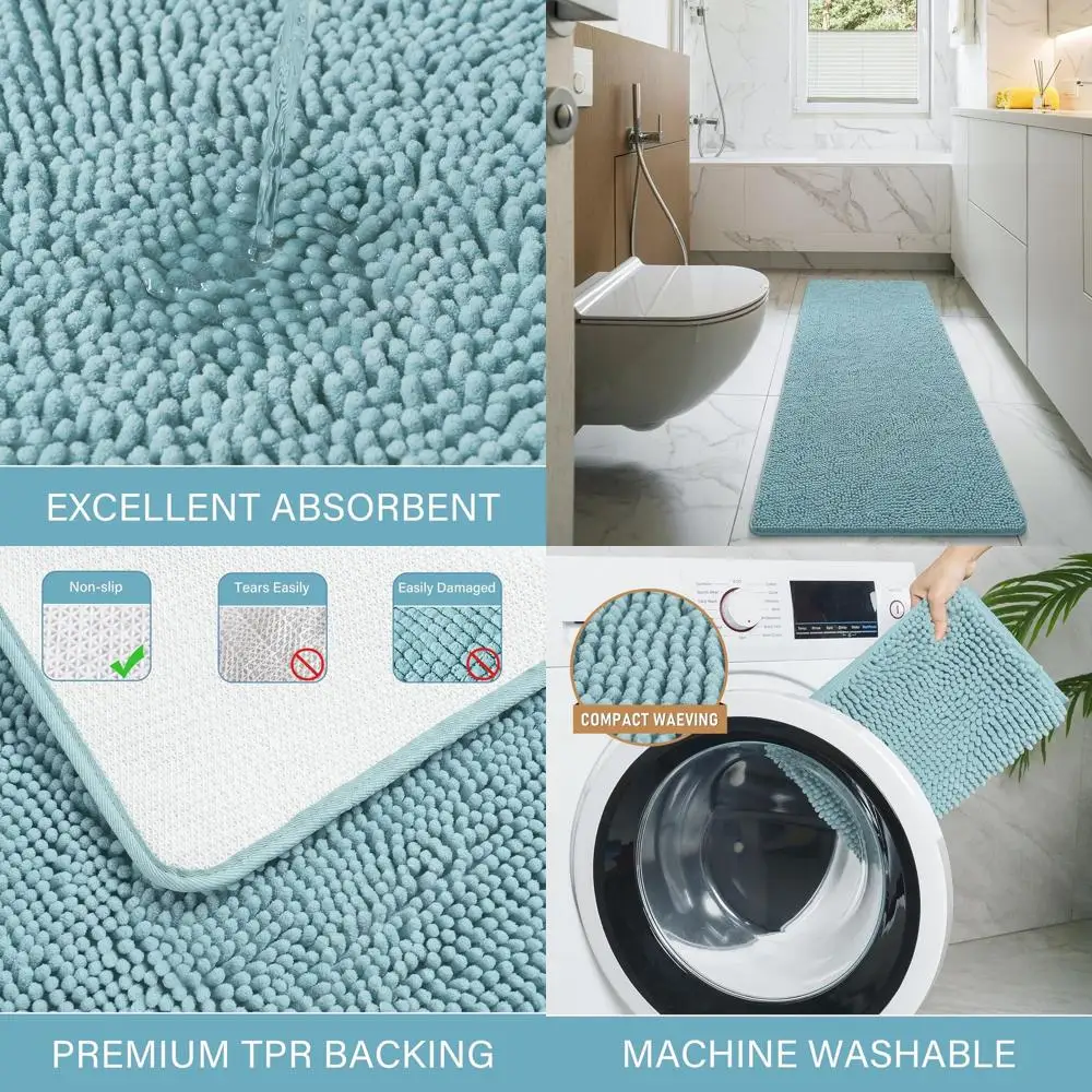 

Soft Chenille Spa Blue Bath Mat 24x70 - Plush, Absorbent, Non-Slip, Washable Shaggy Rug for Shower