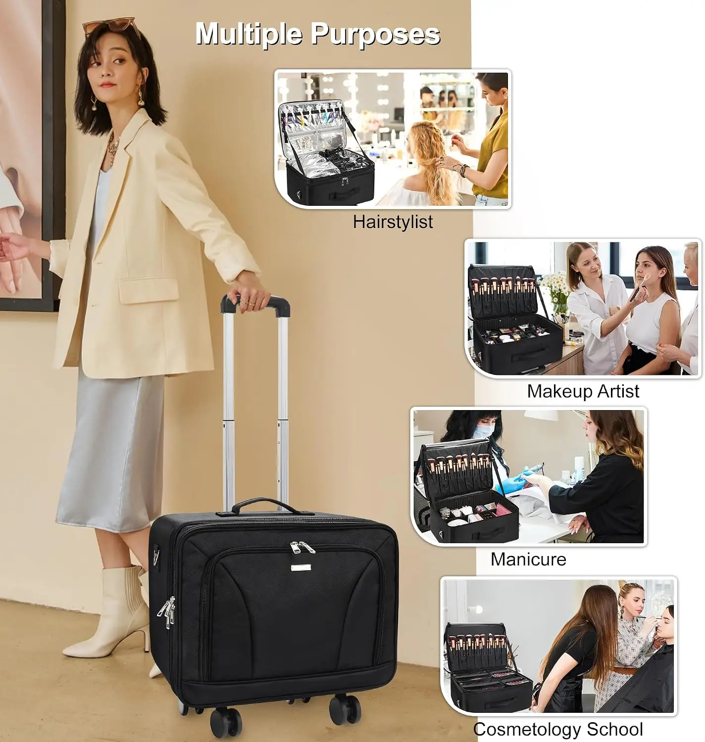 Extra Large Rolling Makeup Travel Train Case with 360° Spinner Wheels, 3 Layer with Insulation Compartment & 4 Clear Bags view 5