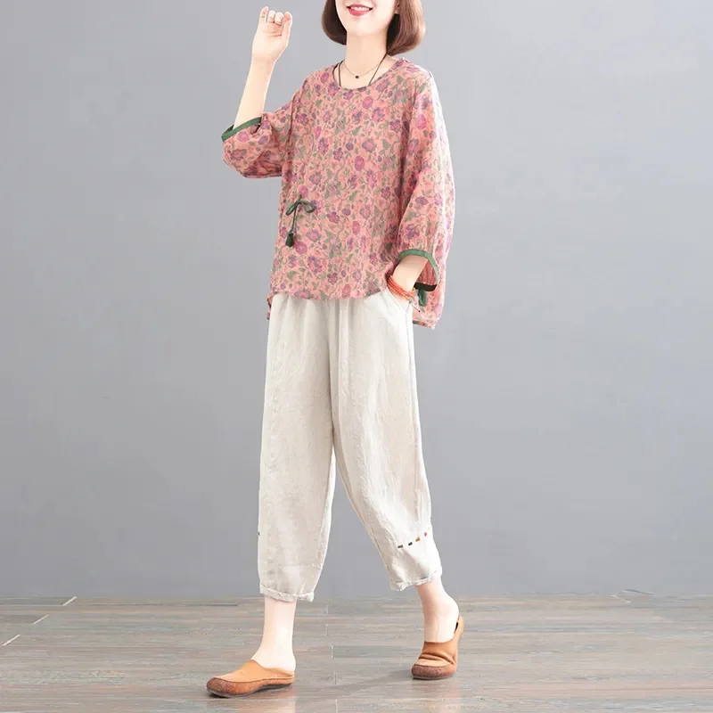 

Summer Female Cotton Linen Pants Two-piece Set Korean Ladies Mid Sleeve Pantalons 2PCS Women Fashion Printed Patchwork Outfit