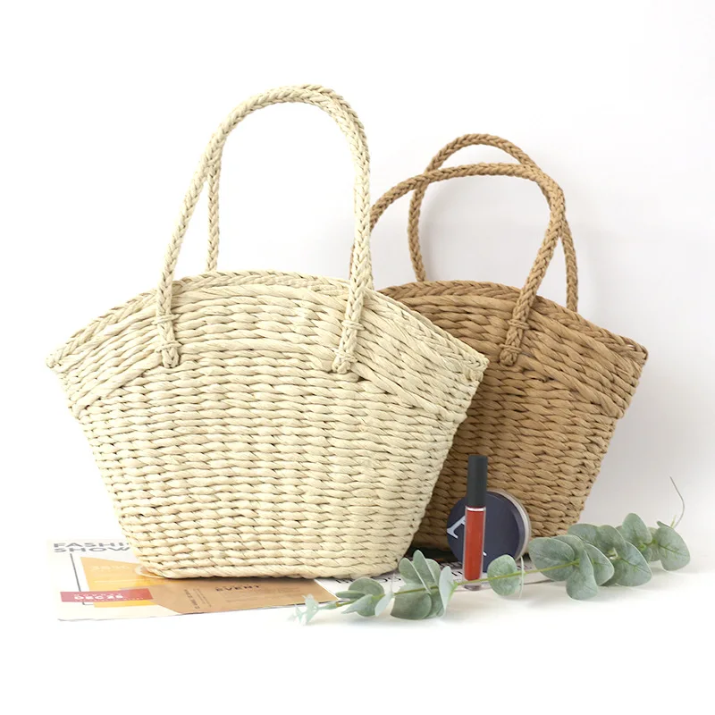 Women Handbag Straw Weaving Craft Drawstring Design Solid Color Simple Fresh Sweet Daily Leisure Large Capacity Vacation Bags