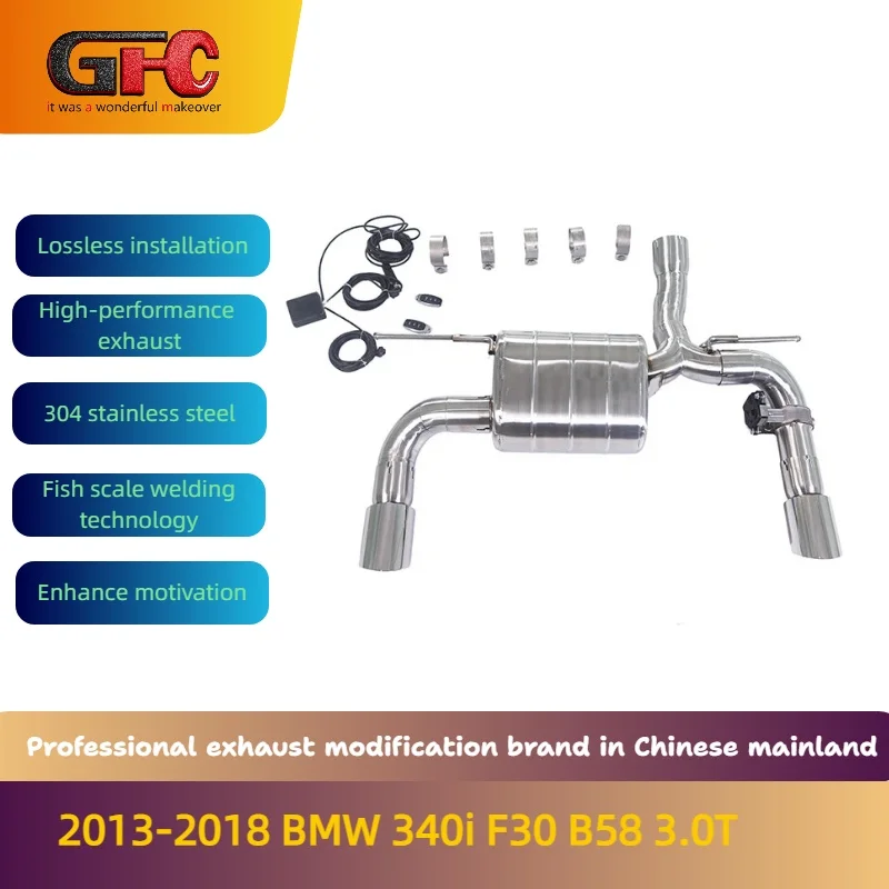 

Высокопроизводительная выхлопная система GFC с регулируемыми клапанами, глушителями и насадками для BMW 340i F30 B58 3.0T 2013-2018 годов выпуска.