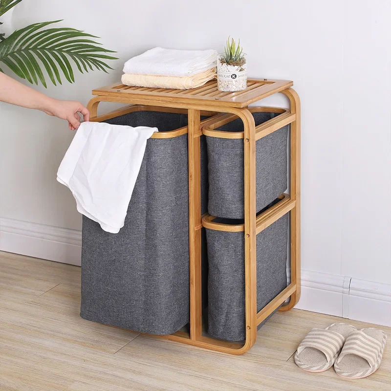 Bamboo Laundry Basket with 3 Collapsible Pull-Out Bags Storage Organizer Laundry Hamper for Bedroom Bathroom Laundry Room