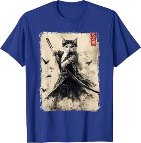 Black Cat Graphic Tee Warrior Vintage Japanese Art Anime T-Shirt Cute Funny Kawaii Style Kitty Lover Short Sleeve Graphic Outfit
