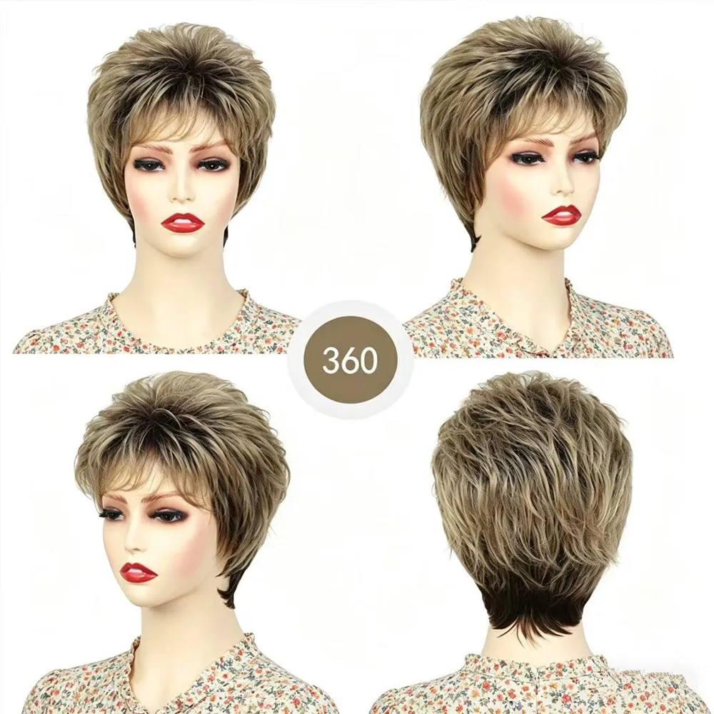Short Curly Wig for Women Synthetic Heat Resistant Pixie Cut Wig Natural Layered Fluffy Short Hair with Bangs Ombre Brown Daily