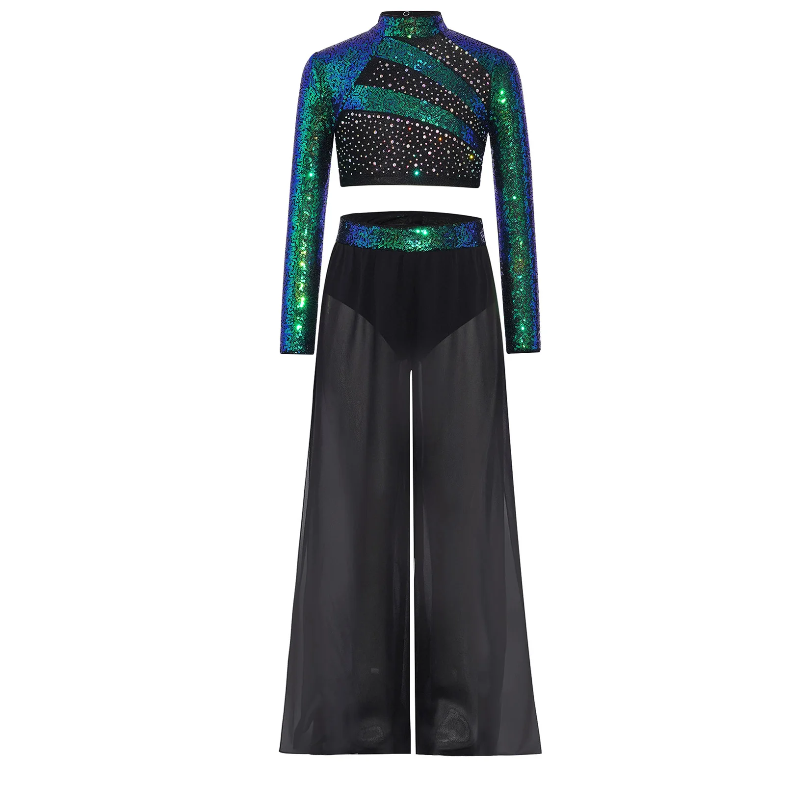 

Kids Girls Ballet Jazz Dance Practice Performance Costume Sequins Crop Top with Flowing Chiffon Overlay Wide-Leg Side Slit Pants