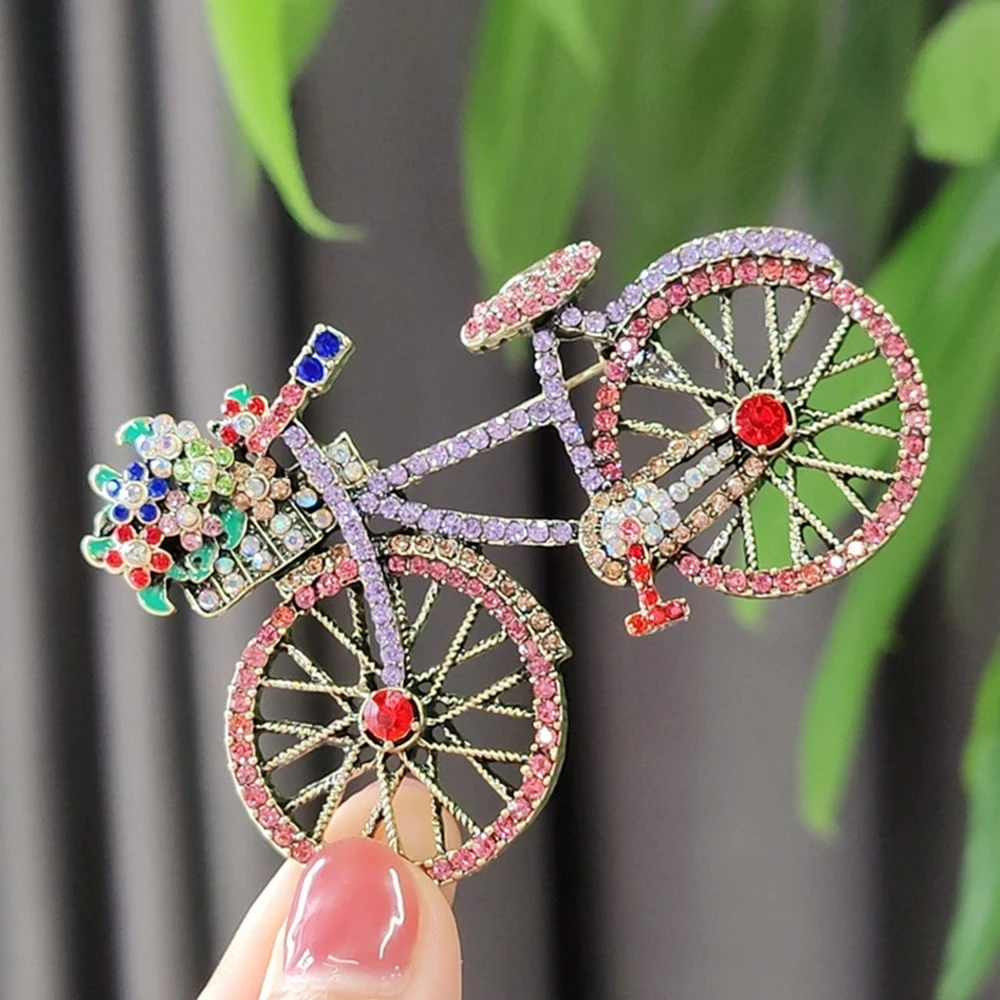 New Arrival Creative Vintage Bicycle Luxury Rhinestone Brooches Pins For Women Men Flower Bike Badges Corsage Jewelry