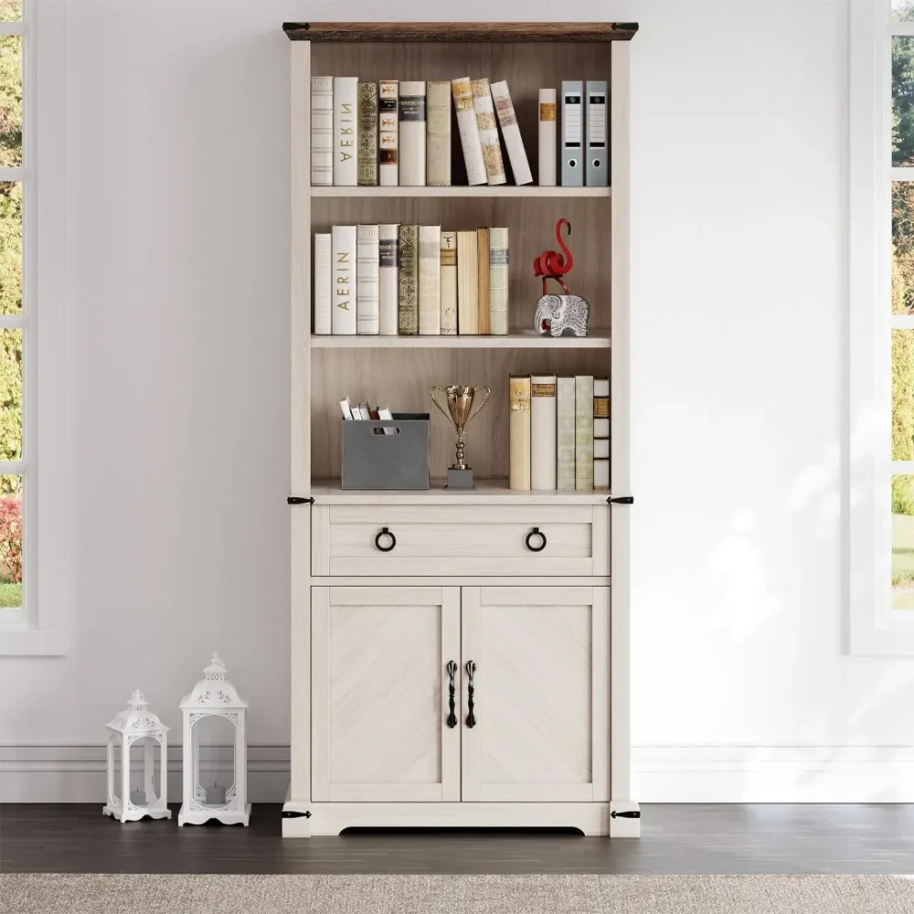 Bookcase with Doors & Drawers, Tall Bookshelf with Storage Shelves, Standing Display Shelf Organizer Rack,Off White+Walnut Grain