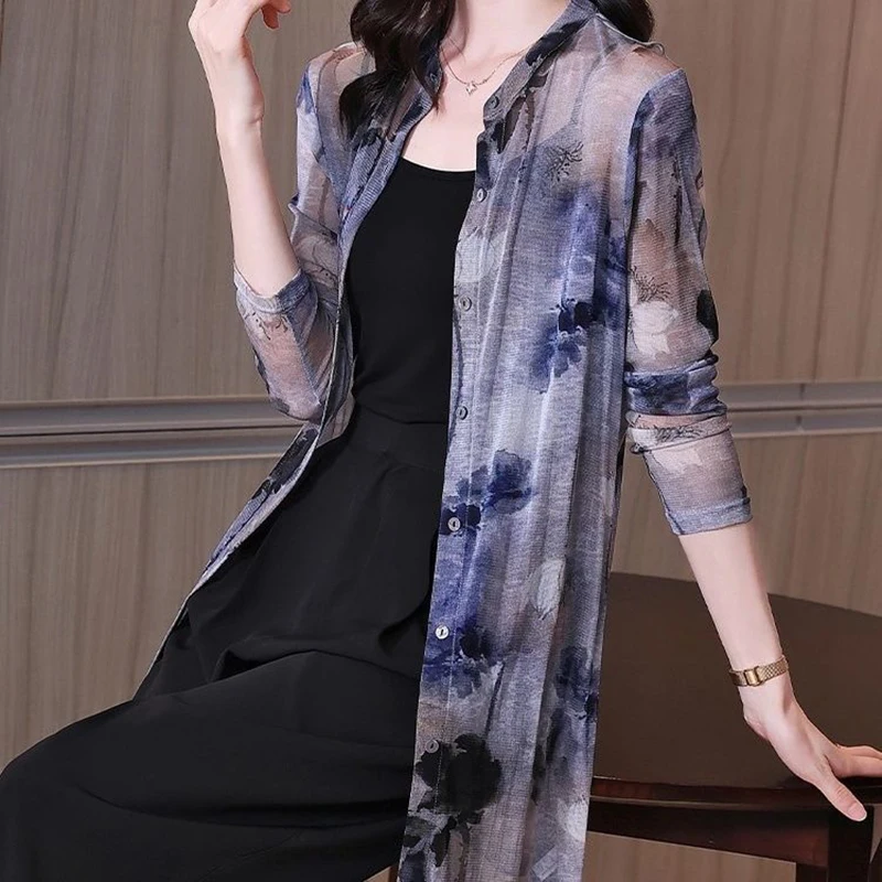 

Vintage Printed Stand Collar Long Sleeve Gauze Shirts Women's Clothing 2024 Summer New Loose All-match Tops Office Lady Blouses