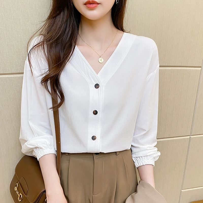 Autumn V-Neck Cotton Women's White Blouse 2023 New Korean Long Sleeve Single Breasted Casual Loose Office Shirts Tops Female