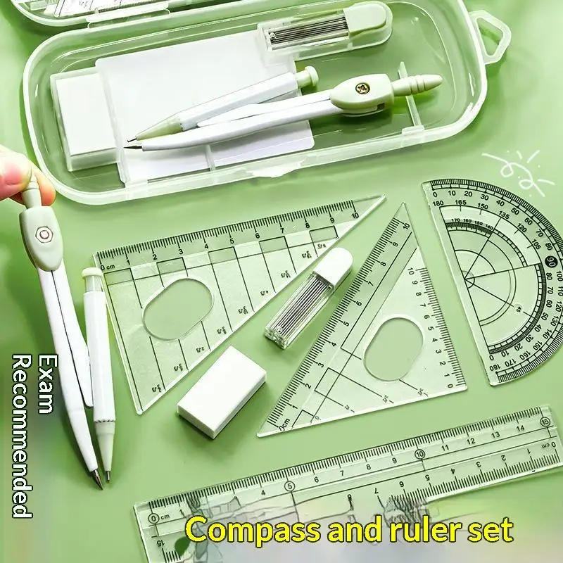 3/8Pcs Eraser Transparent Measuring Ruler Straight Ruler Square Protractor Kit Plastic Ruler Compasses Set For School Office