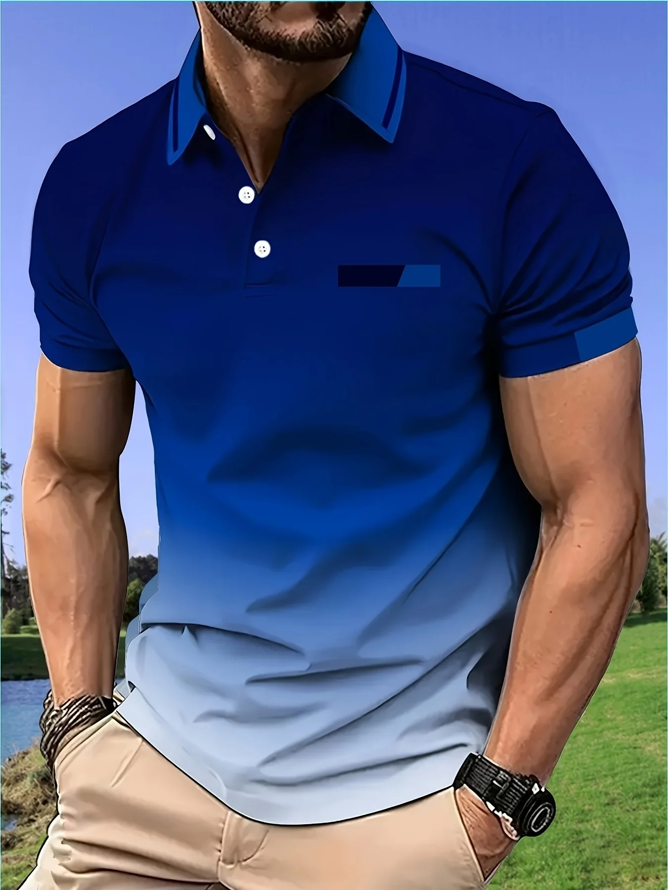 Men's New Summer Style Simple Gradient Pattern Printed Short-Sleeved Polo Shirt - Perfect for Outdoor Leisure and Fashion
