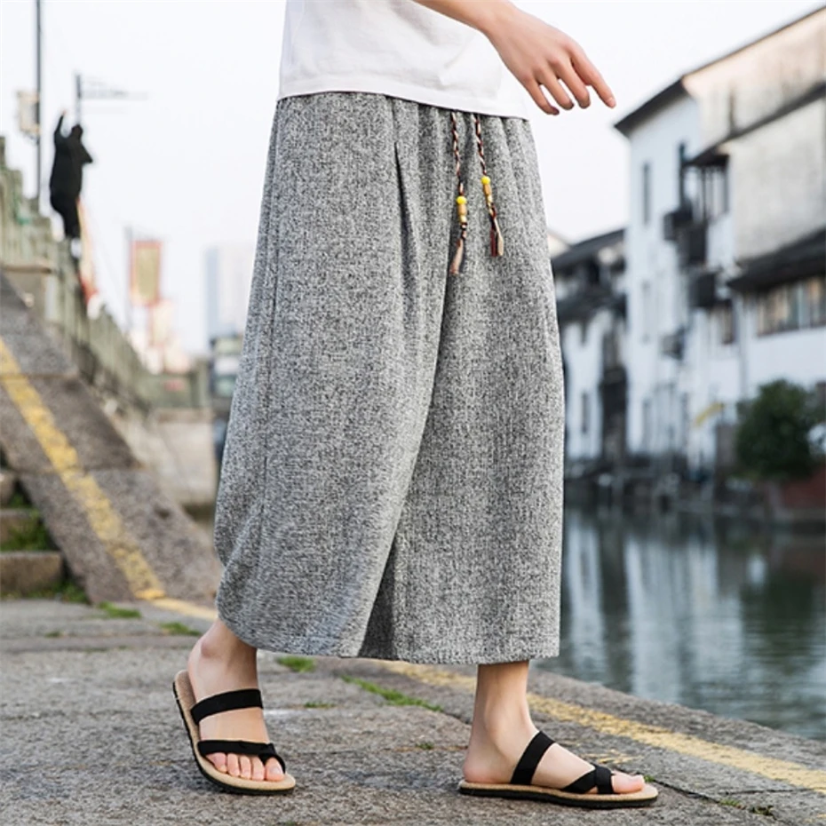 Large Size Embroidery Harem Pant Mens Summer Thin Ice Silk Casual Trousers Men Harajuku Vintage Baggy Calf Length Pants Male