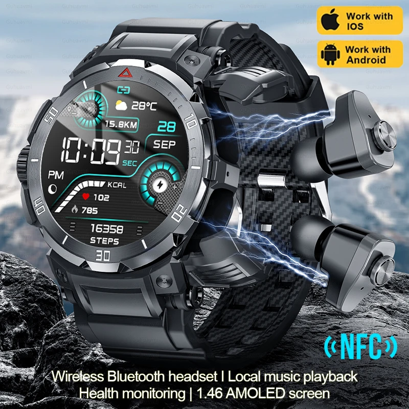 

Умные часы NFC мужские TWS-наушники 1,46 дюйма Amoled 3 в 1 с локальным музыкальным проигрывателем, беспроводная гарнитура, Bluetooth-наушники-вкладыши, умные часы