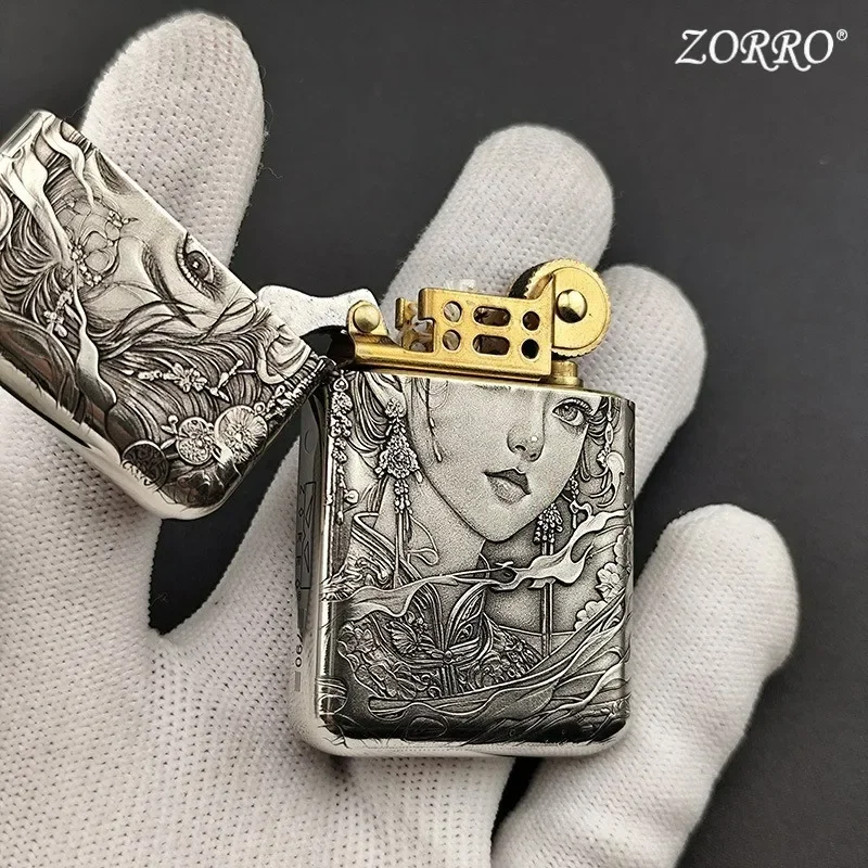 

Zorro 790 White Copper Relief Kerosen Lighters Smoking Third Generation Silver Shell Brass Gall, Collection Gift, Gift for Men