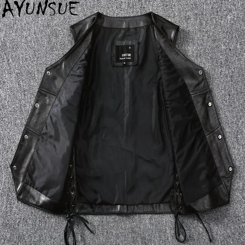 AYUNSUE Genuine Leather Motorcycle Jacket Top Layer Cowhide Leather Vest Ultralight Waistcoat Sleeveless Coat Black Veste Homme