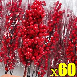 Christmas Red Berries Branch Fake Plants Flowers Artificial Holly Berry Stamen Wreath Ornaments for Xmas Tree Party Home Decor