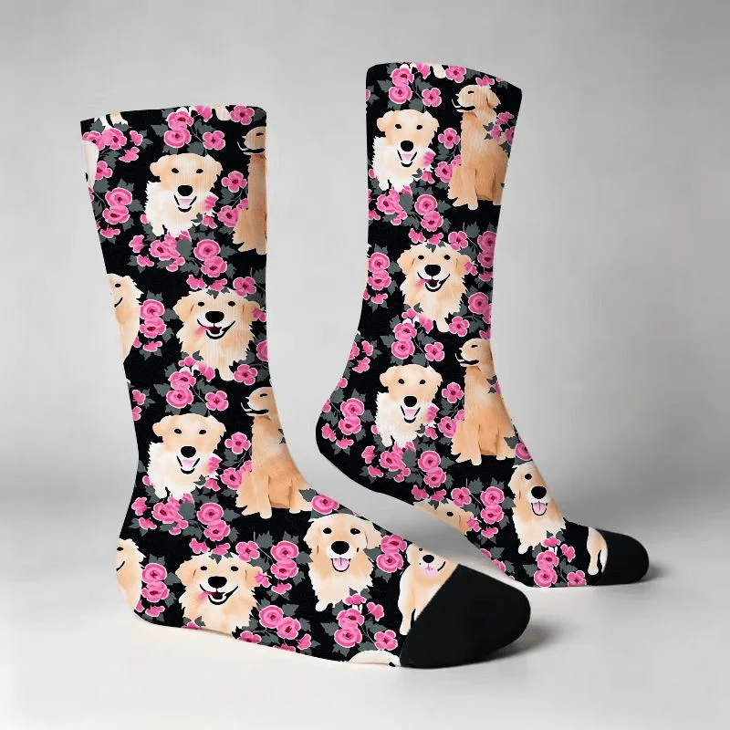 Cute Golden Retriever And Pink Rose Print Crew Socks for Men Women. Fun Cartoon Dog And Floral Pattern on Black Fabric Base