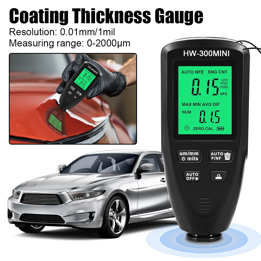 Coating Thickness Gauge Car Paint Film Thickness Tester Instrument Tool 0-2000um Metal Plating Width Measuring HW-300PRO