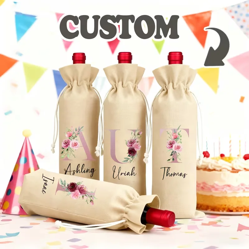 1/5/8PCS Custom Name Faux Linen Wine Bag Floral Champagne Bottle Gift Bags Wedding Party Favor Halloween Xmas New Year Gift Wrap