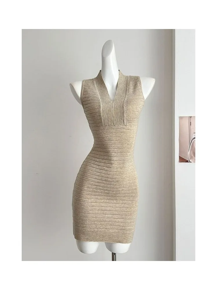 กระโปรงทรงสลิมฟิตเซ็กซี่ V-Ne ถัก Dr เอวสูงฤดูร้อนใหม่ Sle Ladylike Sle ห่อรอบ Bodycon Dr