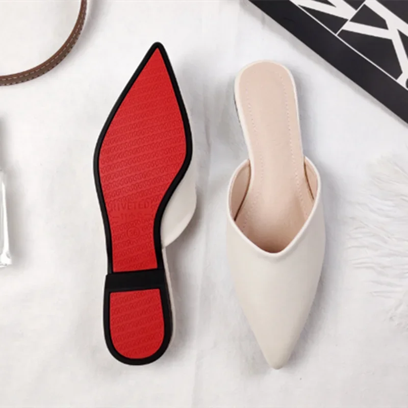 Women Etiquette Fluorescein Designer Luxury Slippers Flat Point Toe Shoes With Metal Circle Leather Summer Slides Black Beige 42