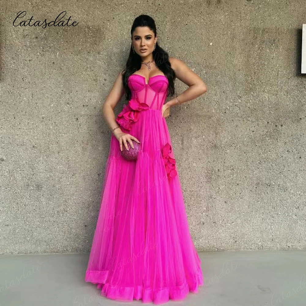 Catasdate Tulle Evening Dress 3D Flowers A Line Prom Dresses Fusia Party Gown for Women Formal Wedding Party Dress 2024 vestidos