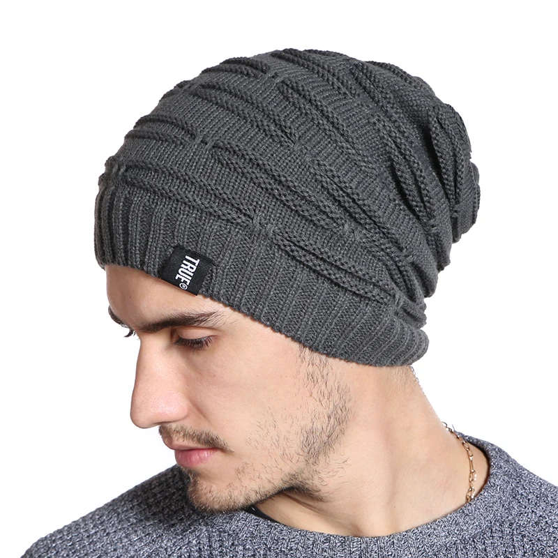 Unisex Classic Winter Hat Letter Label Long Size Knitted Cap Casual Beanies For Men Women Solid Bonnet Cap