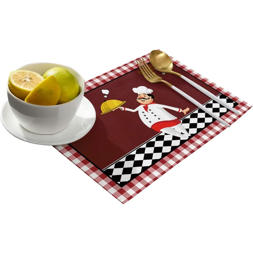 Cartoon chef placemat red checkered border kitchen utensils pattern linen fabric non slip heat resistant table mat for dining