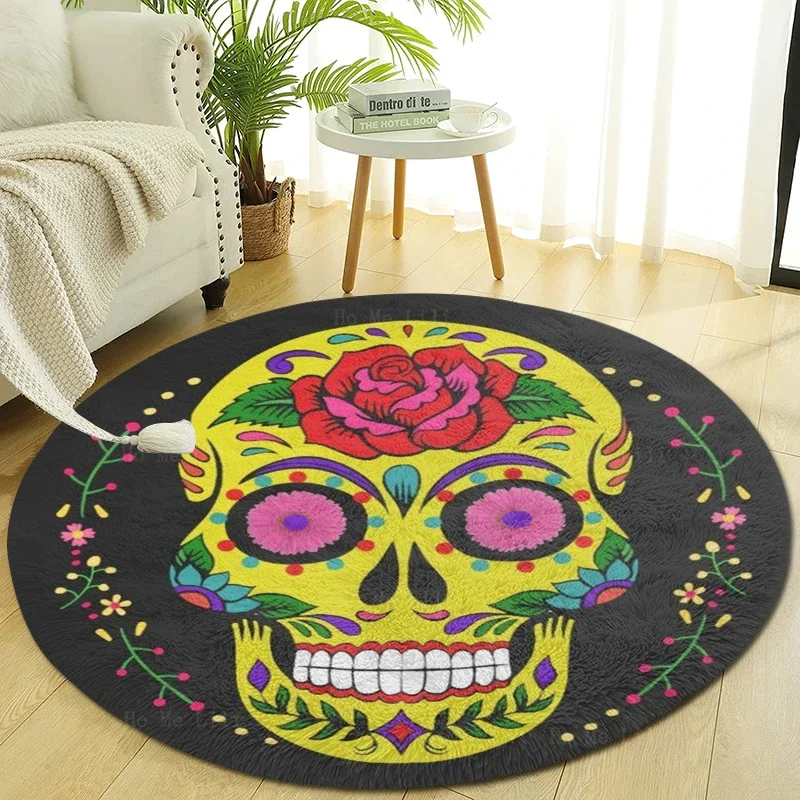 

Day Of The Dead Sugar Skull And Rose Skeleton Round Mat Non Slip Flannel Floor Rugs By Ho Me Lili