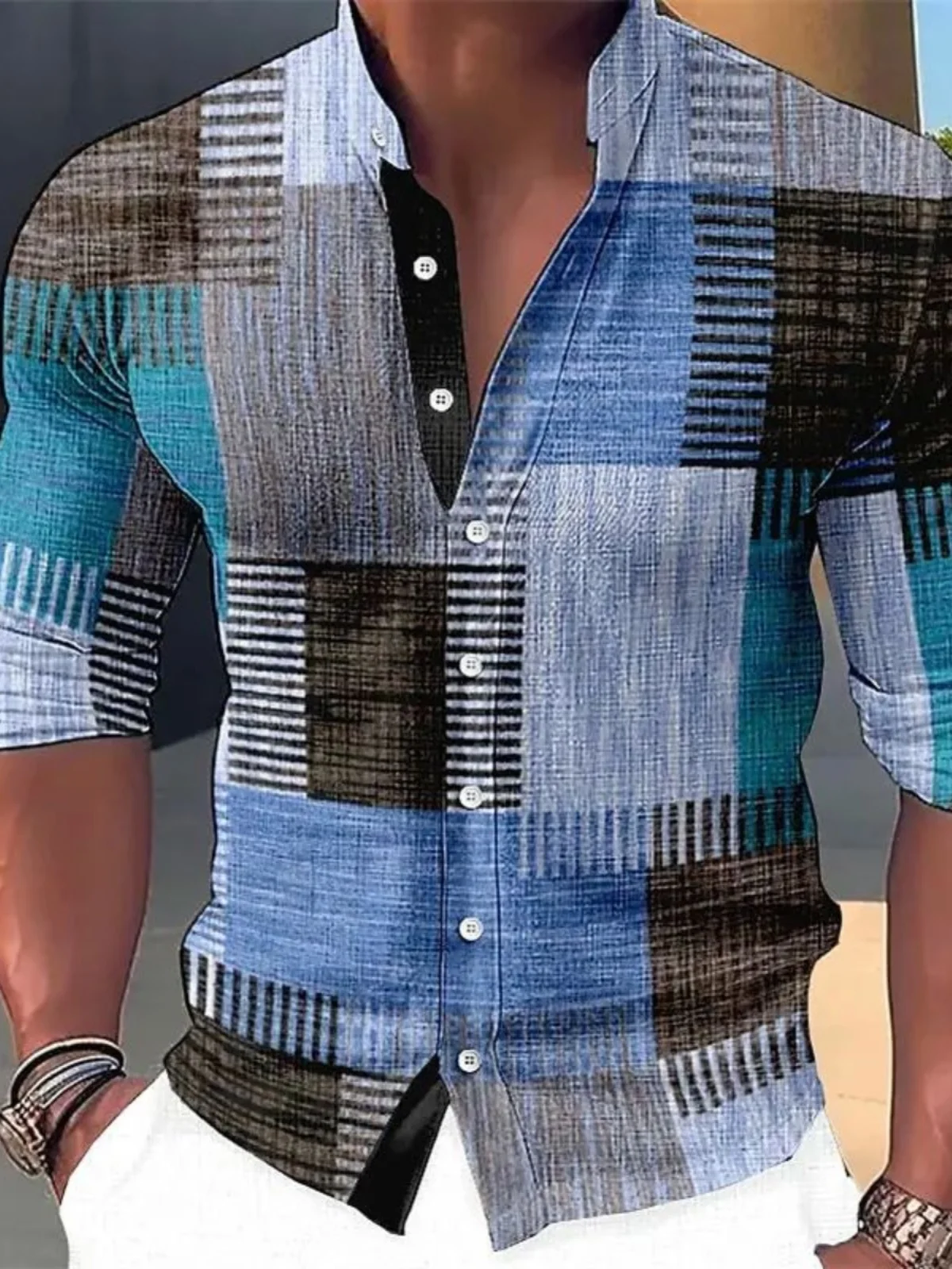 

Long Sve Printed irt Stand up Collar Slim Fit Fce Lined Autumn Mens Faion Casual Busin Office Wear