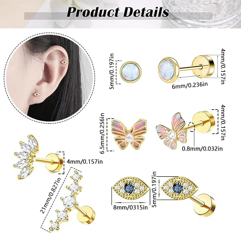 A stylish set of flat back cartilage earrings series for women and girls, screw-tragus earrings piercing jewelry，8PCS