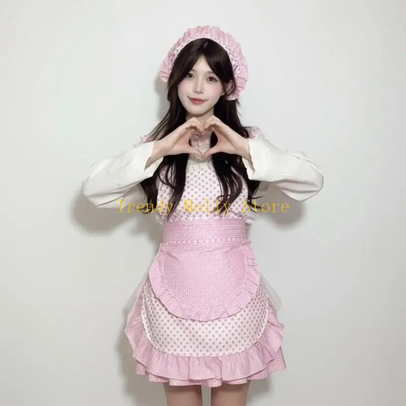 N5KB مطبخ مريلة مطبخ قابل للتعديل كشكش خادمة المئزر الفرنسية أغطية الرأس خادمة زي خادمة فستان بتصميم حالم تأثيري ازياء المرأة