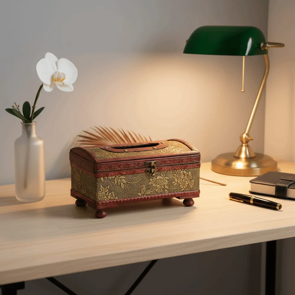 Vintage Royal Style Wooden Tissue Box Floral Embossed Treasure Chest Design Desktop Napkin Paper Organizer Raised Feet