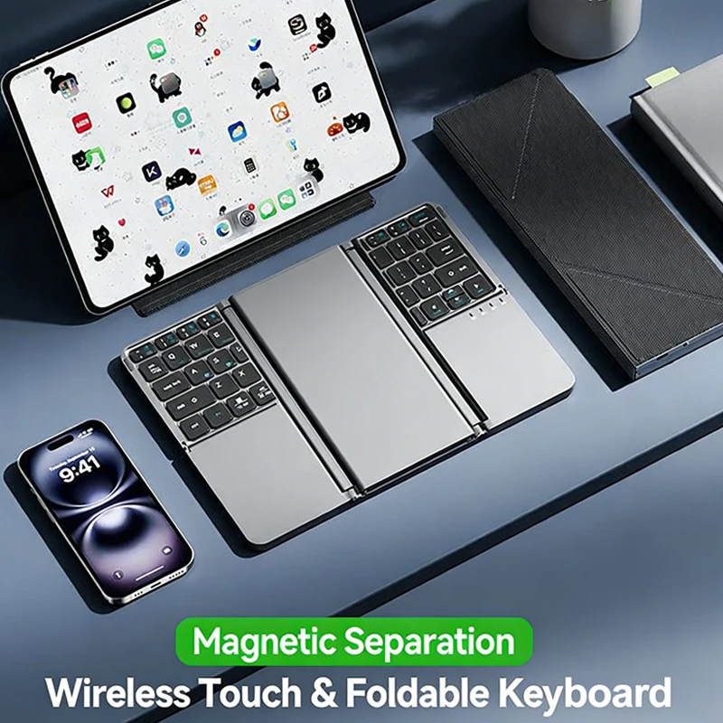 Folding Wireless Keyboard and Mouse Set Rechargeable Bluetooth Keyboard with Touchpad for Laptop Tablet Phone