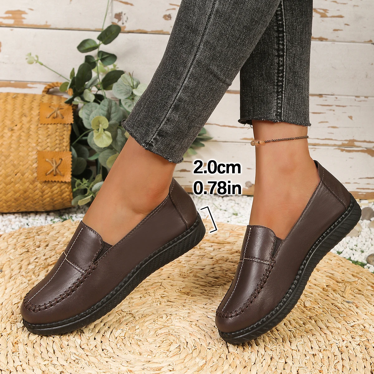 

Women's Stitched Leather Loafers, 2cm Low Heel Non-slip Casual Flats, Comfortable Slip-On Walking Shoes, Drop Shipping Available