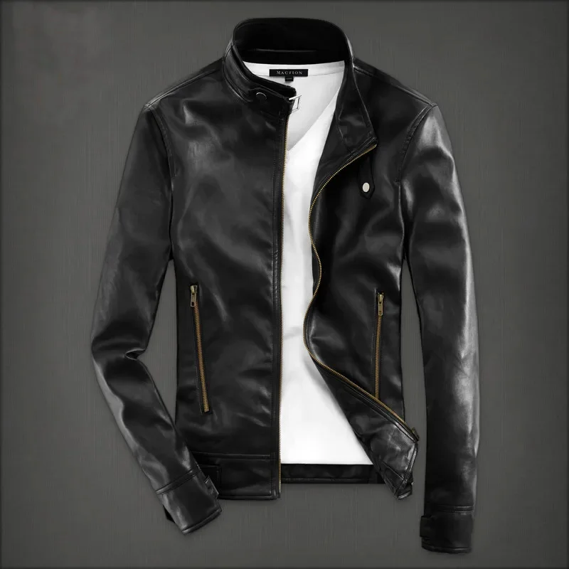 2023 New Spring Autumn Men Jacket Slim Fit Handsome Motorcycle PU Leather Coat Youth Thin Overcoat