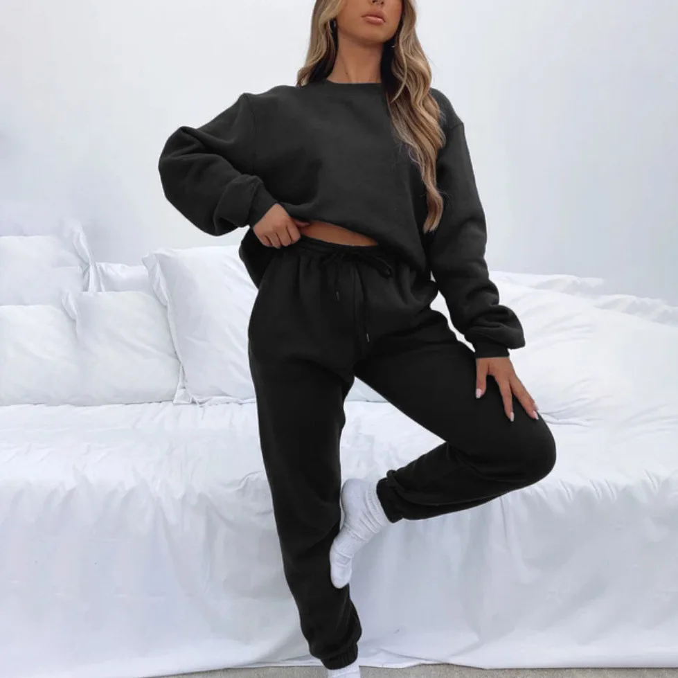 Casual Solid Pant Sets Women Two Piece Splice Round Neck Sweatshirt Pullover Long Pants Drawstring Thick Casual Office Lady