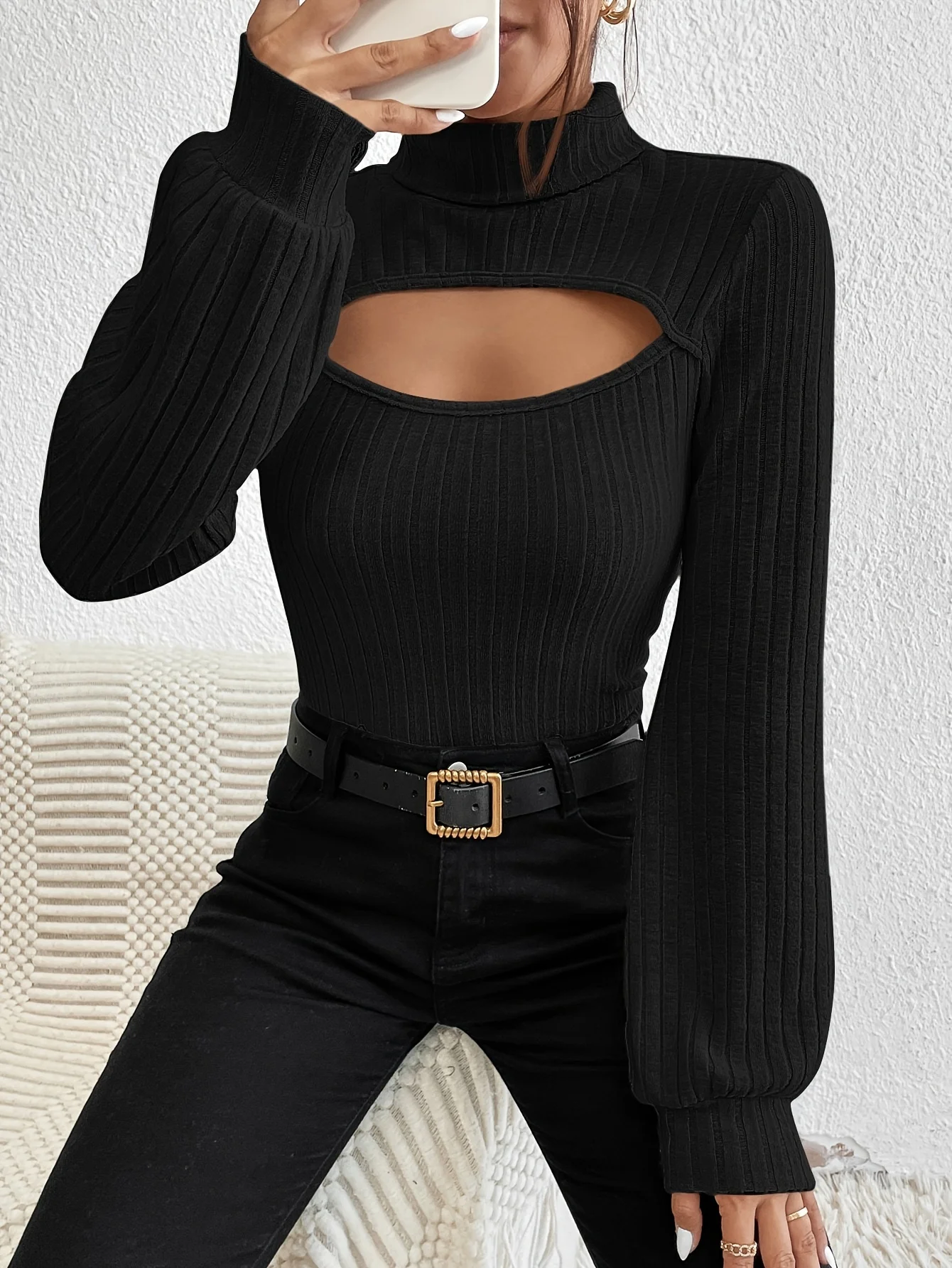 Spring new half high collar lantern sleeve women\'s top, slim fit hollow out, sexy and versatile, long sleeved women\'s black