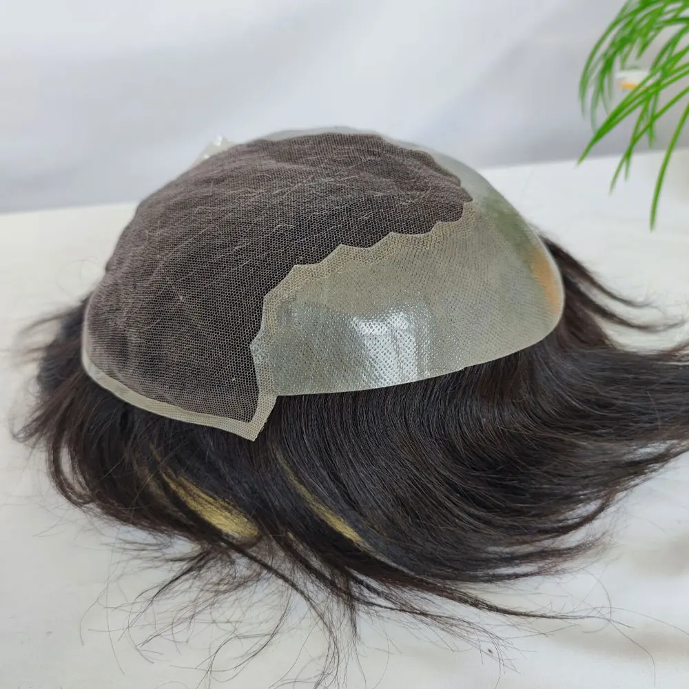 Q6 الدانتيل السويسري مع بو رجل شعر مستعار باروكة من شعر طبيعي نظام شعر ريمي هندي هيربيسي 2 #   اللون البني 6X9 بوصة