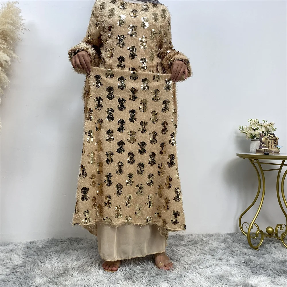 New luxury sequin fringed round neck Muslim women's A-line full-lining dress 6189