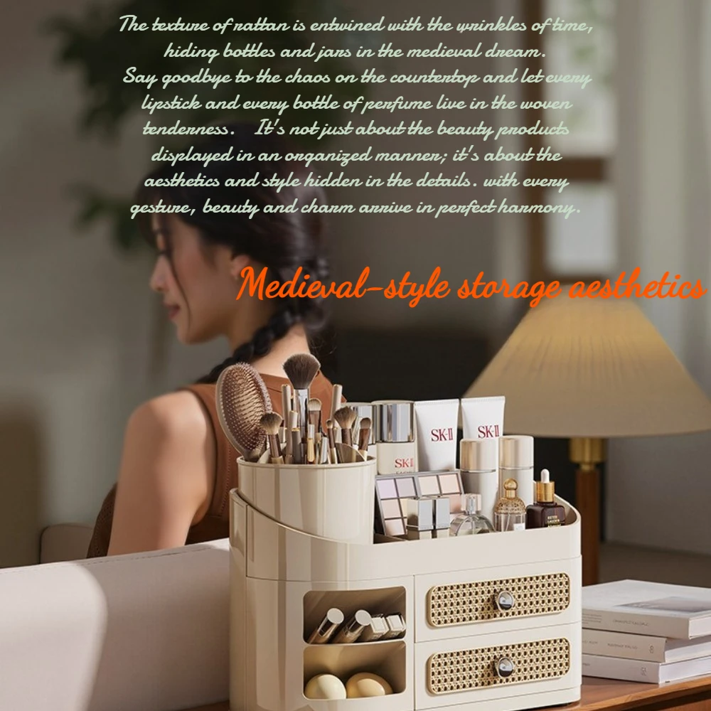 

Multi-Tier Makeup Organizer with Compartments, Vintage Style Dustproof Vanity Case, Desktop Storage with Woven Design
