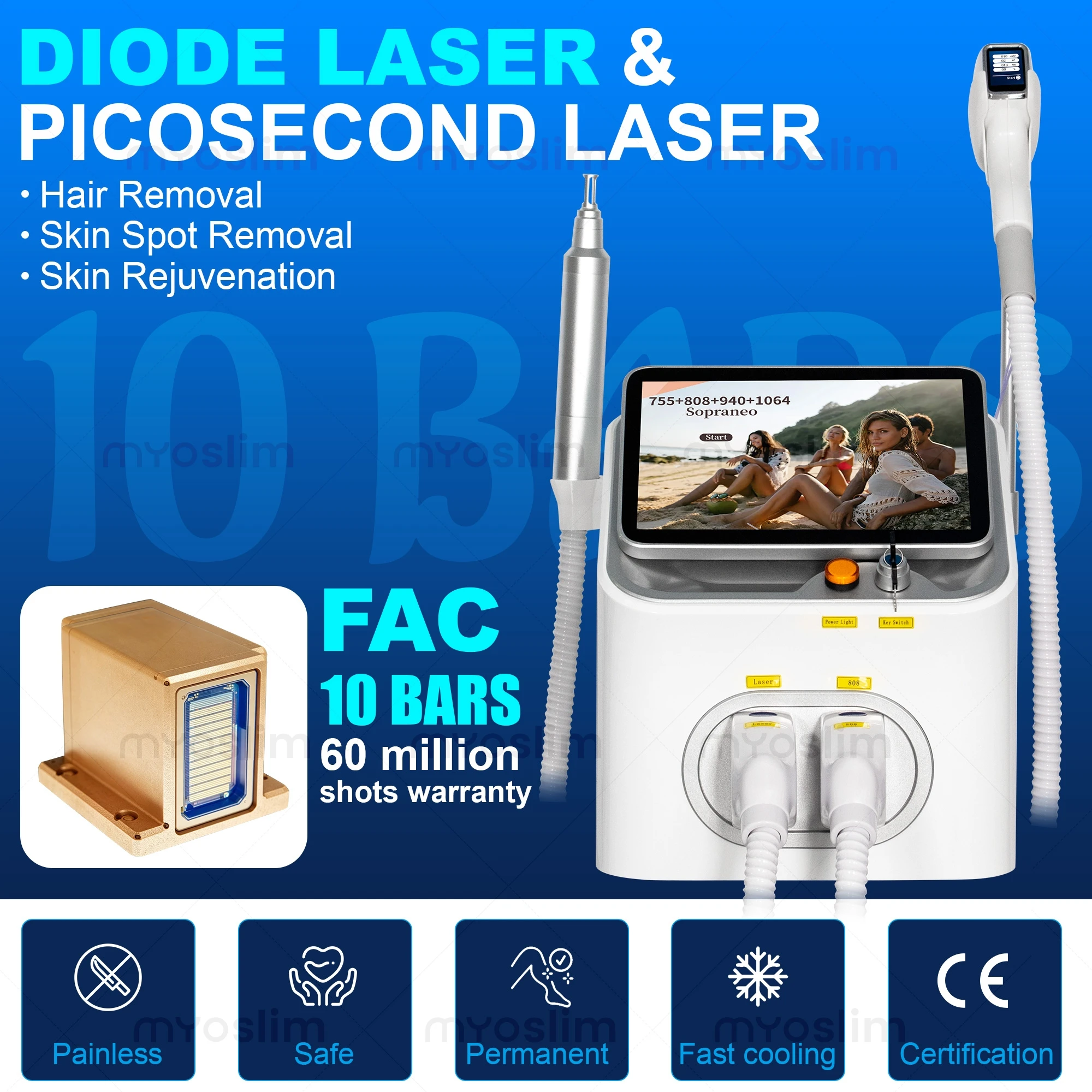 

5000W FAC Soprano 2 in 1 808+ Picosecond Diode Laser Hair Removal Device Laser Picosecond Tattoo Removal Permanent Hair Removal