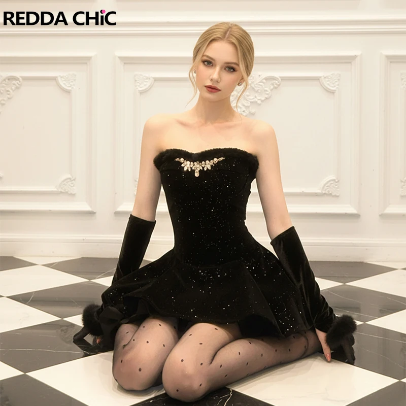 

Мини-платье REDDACHiC с алмазной аппликацией и перчатками, винтажное меховое мини-платье без бретелек с рюшами и пайетками, вечернее платье для женщин