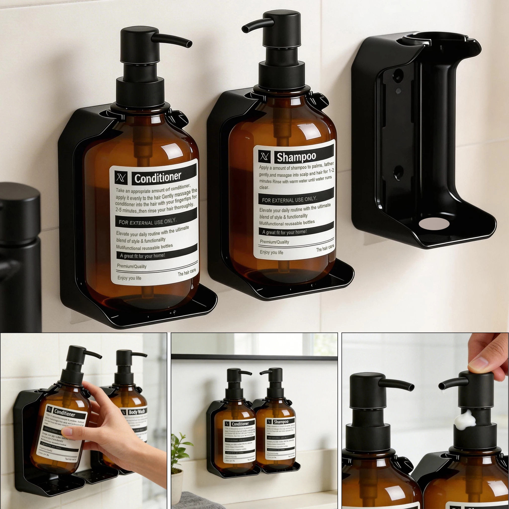 Wall Mount Shower Soap Dispenser, Refillable Shampoo Conditioner Body Wash Bottle with Wall Holder, No Drill Bathroom Containers view 4