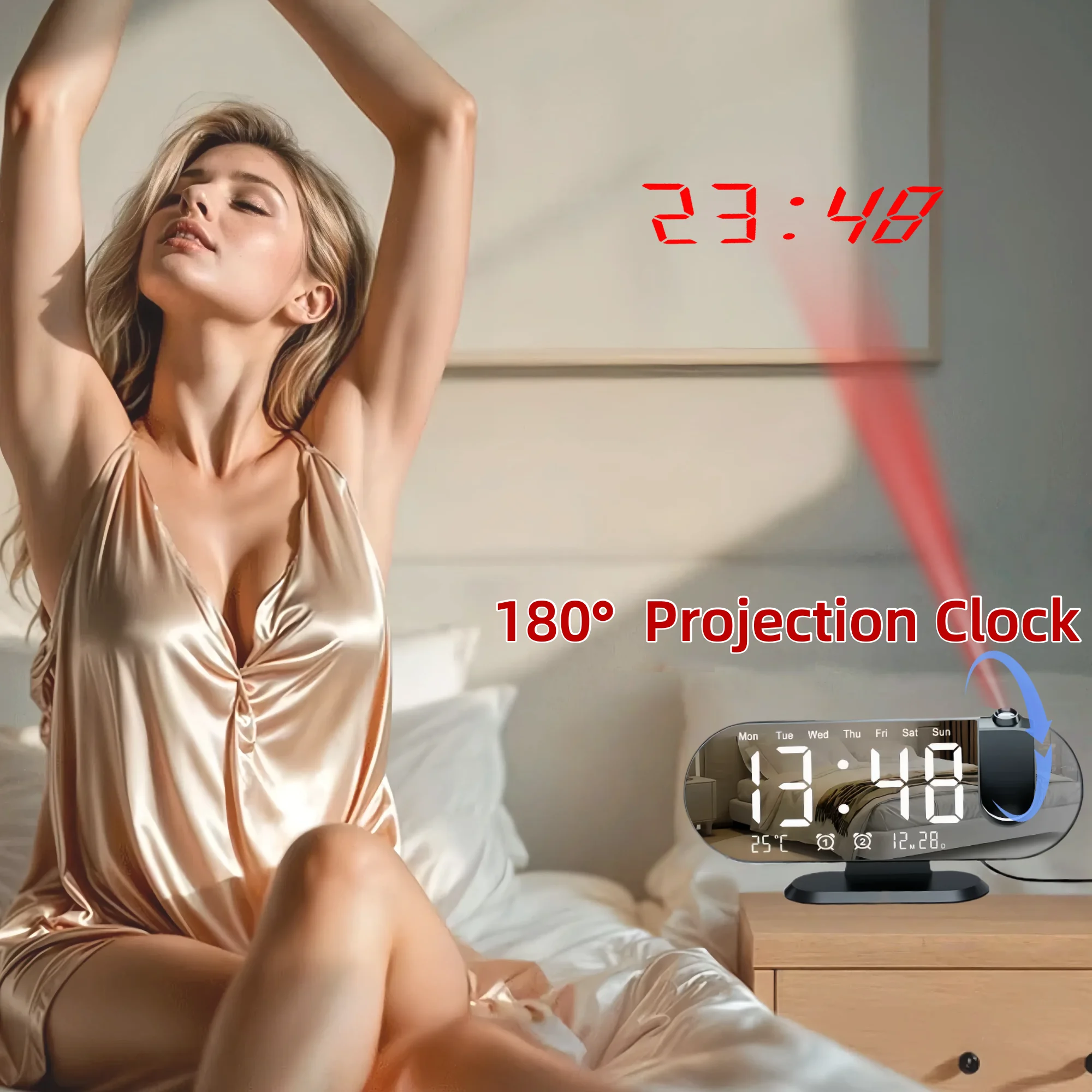 Projection Alarm Clock Bedroom 180° Rotating LED  Large Display Ceiling Projector Dual Alarm Dimmer  USB Charging Digital Clock Home Decor Holiday Gift