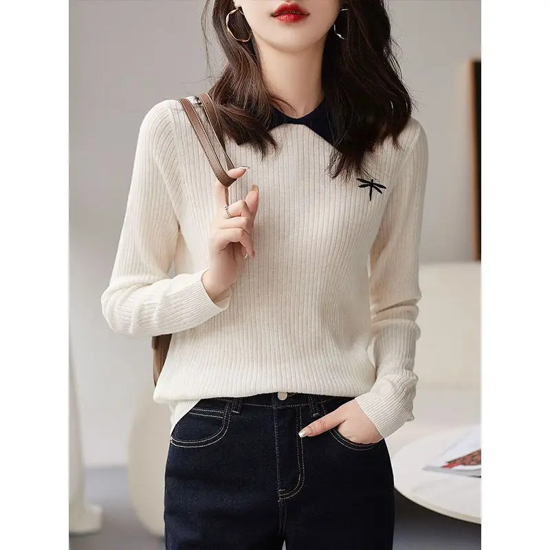 Women Slim Contrast Peter Pan Collar Knit Sweater Dragonfly Embroidery Long Sleeve Layering Tops S-3XL
