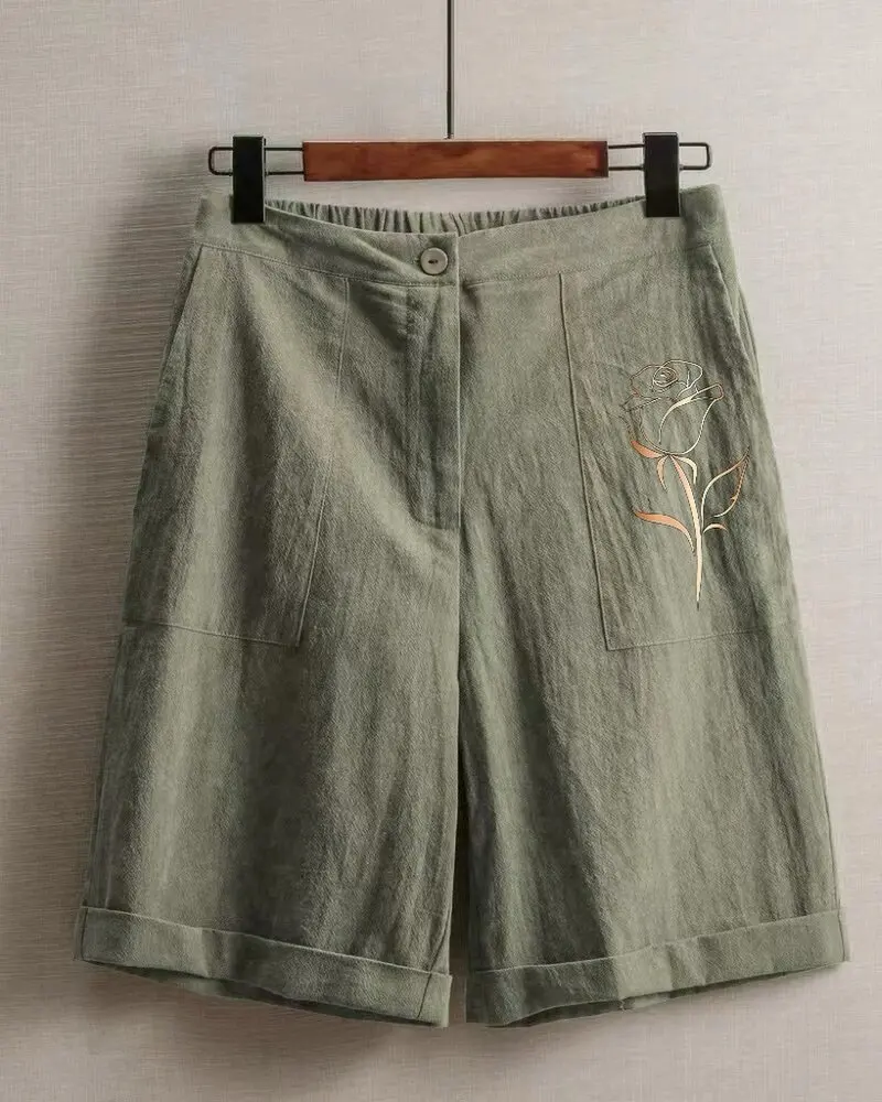 Summer New Comfortable Women's High Waist Cotton Linen Printed Shorts Casual Loose Style Summer Knee-length Button Shorts