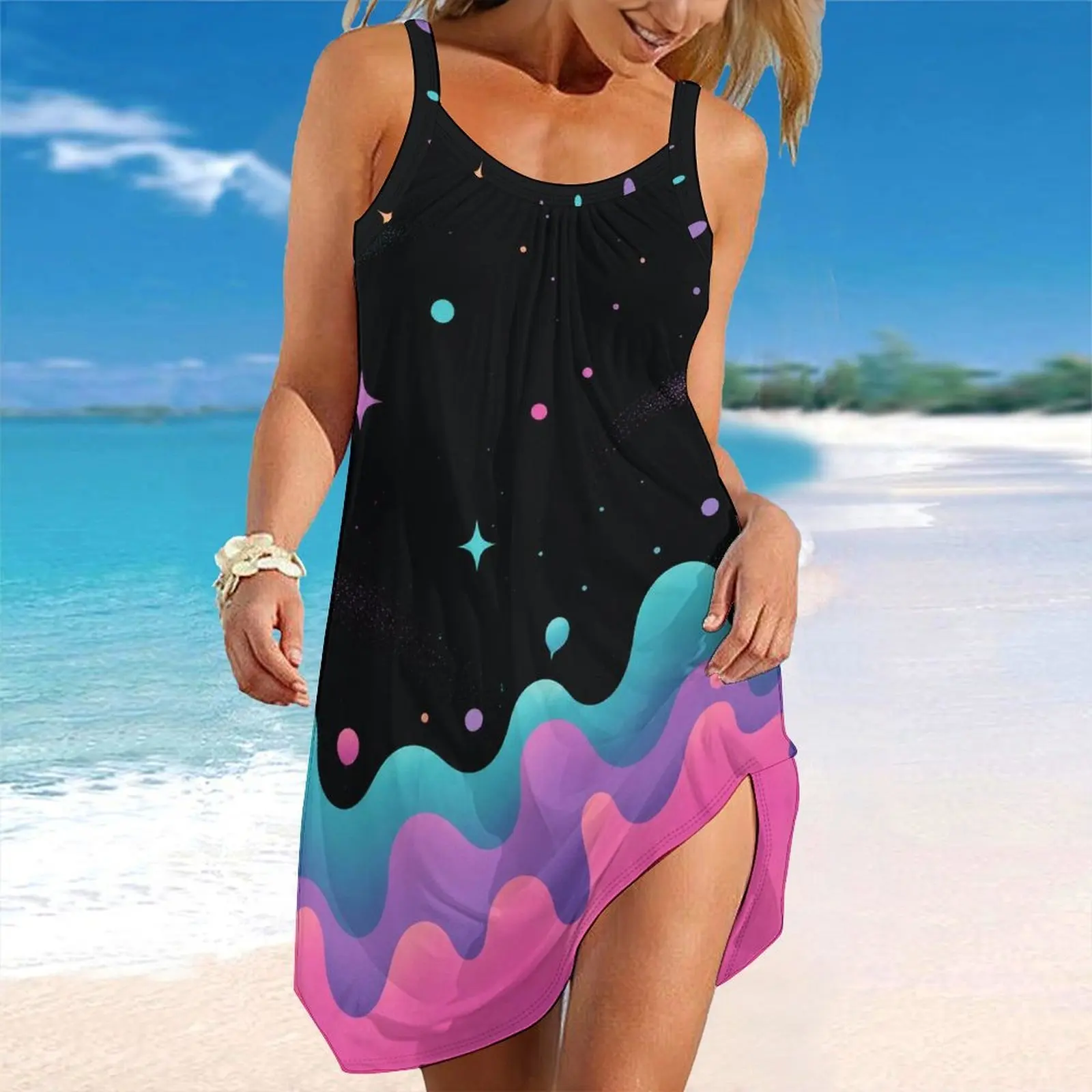 Women Spaghetti Strap Beach Dress V Neck Pleated Loose Mini Dress Custom Print Ladies Vacation Cover Up Dress
