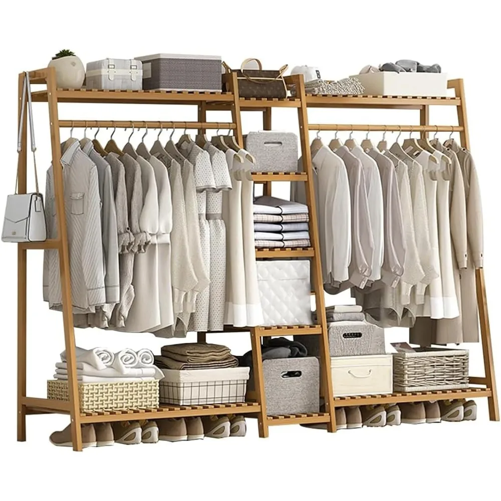 Bamboo Garment Rack 9 Tier Storage Shelf Coat Clothes Hanging Rack, Portable Wardrobe Closet Organizer with Top Shelf