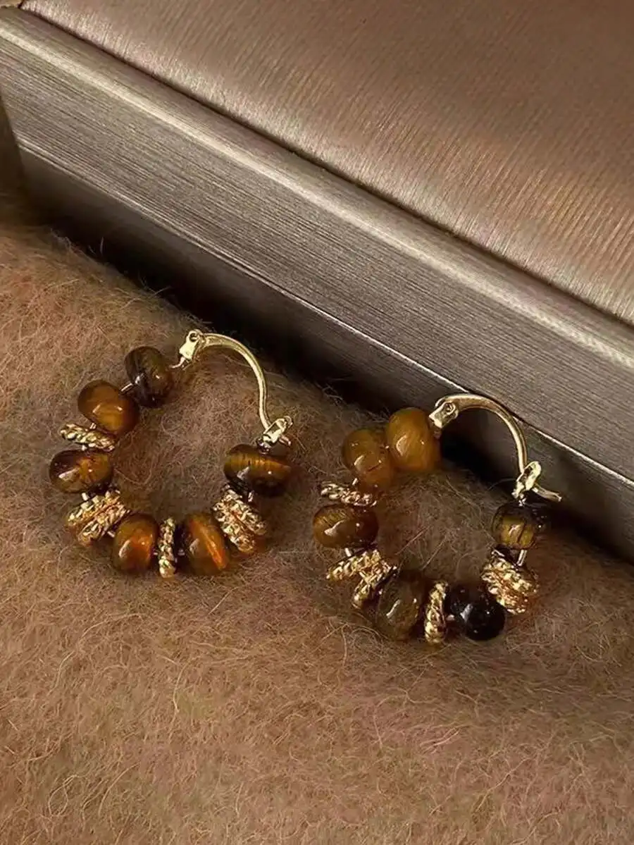 1 par de pendientes de piedra de ojo de tigre con cuentas doradas de estilo bohemio para mujer, adecuados para uso diario, citas, fiestas y banquetes